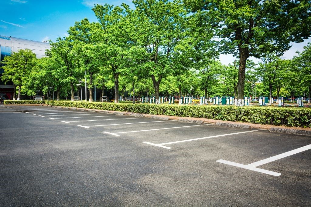 Completed parking lot striping project with clean, white lines